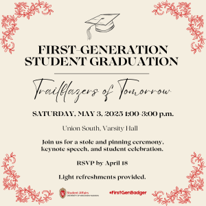 A graduation cap and red filigree.