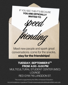 Flyer for speed friending event. Graphic of an envelope with an invitation peeking out.